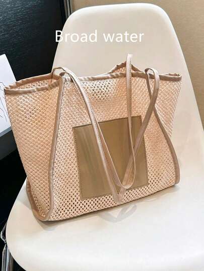 Woven Large Tote Bag, Patchwork Shopping Bag, Casual Vacation Bag, Fashion Large Capacity Beach Bag, Woven Tote Shoulder Bag, Woven Oversized Tote Bag