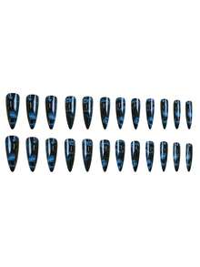 24pcs Blue Ombre Gothic Stiletto Fake Nails, Butterfly Design, Full Coverage Glossy Acrylic Material, Suitable For Women And Girls - Multicolor - View 4