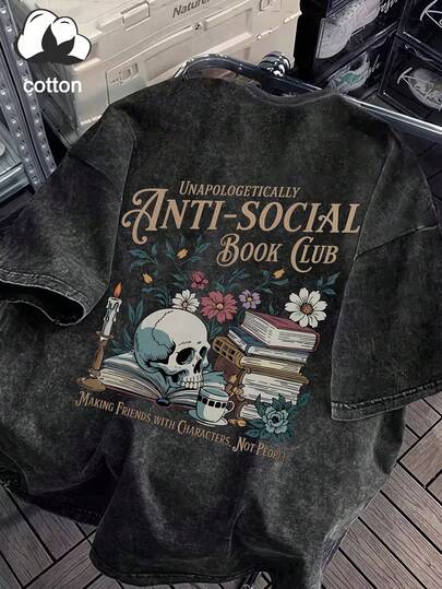 Camiseta de manga corta casual de algodón para mujer de talla grande con estampado de esqueleto, libros, velas y flores, con cuello redondo, para uso diario, primavera/verano/otoño, salida de Halloween, vacaciones, color negro