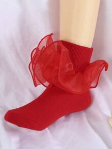 1 Pair Cotton Baby Girls' Socks With Big Lace Ruffle, Princess Ballet Dance Socks - Red - View 3