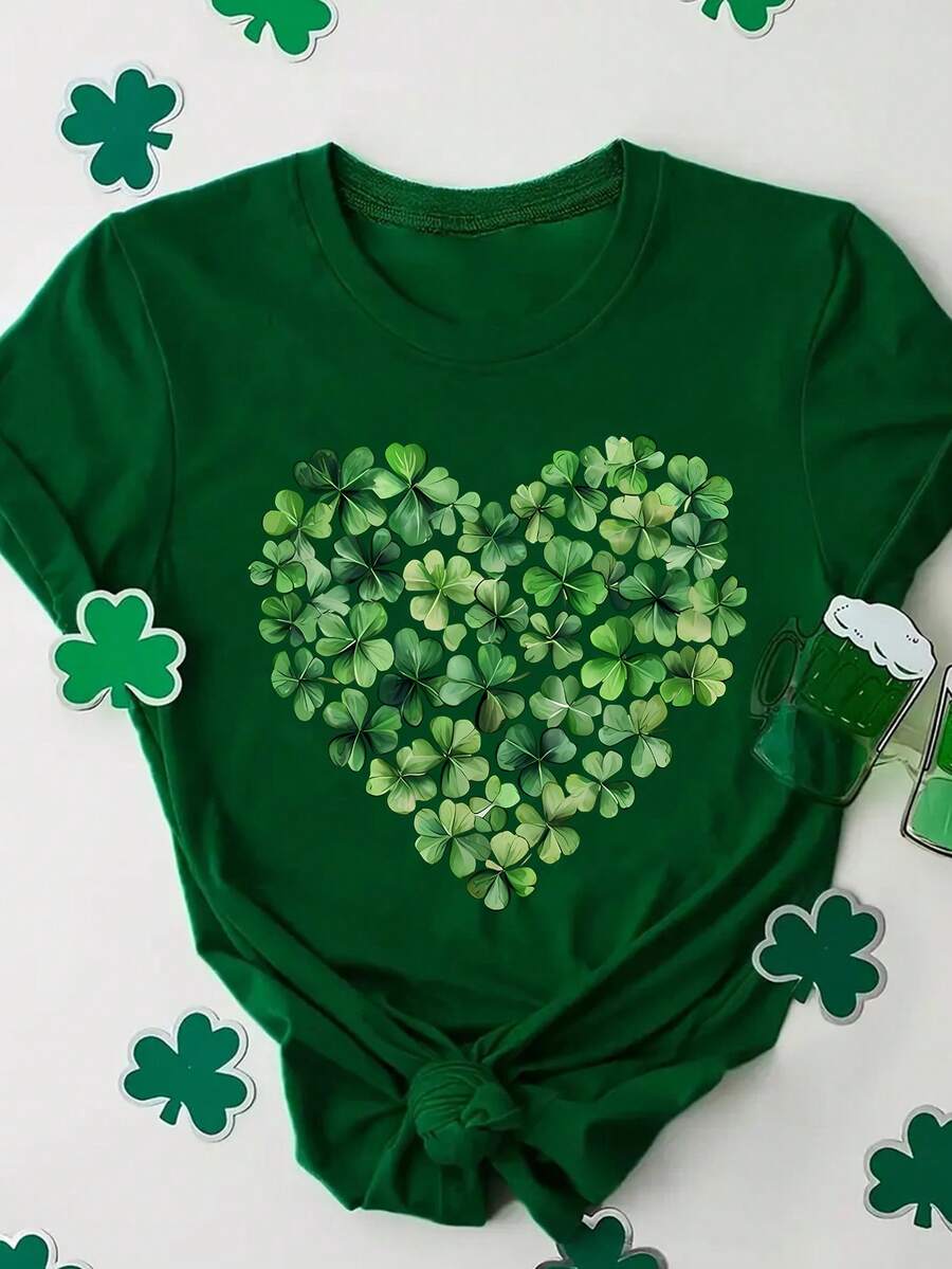 Ladies' St. Patrick's Day Green T-Shirt - Letter Leopard Print And Checkered Clover Heart Shape, Casual Short-Sleeved Round Neck - 綠色25 - 查看 1