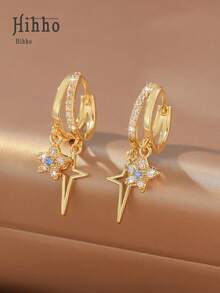 Hihho 1 Đôi bông tai khoen tròn hình chữ thập và sao băng đính đá Cubic Zirconia sang trọng tối giản, mạ vàng, bản rộng, thiết kế độc đáo dành cho công sở/tiệc tùng. - Sao băng chữ thập - Xem 3