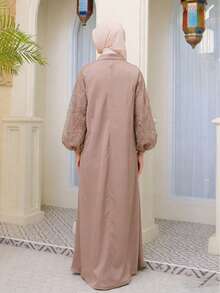 端庄女士灰褐色缀饰长款伊斯兰正式长袖连衣裙 - 香檳色 - 查看 7
