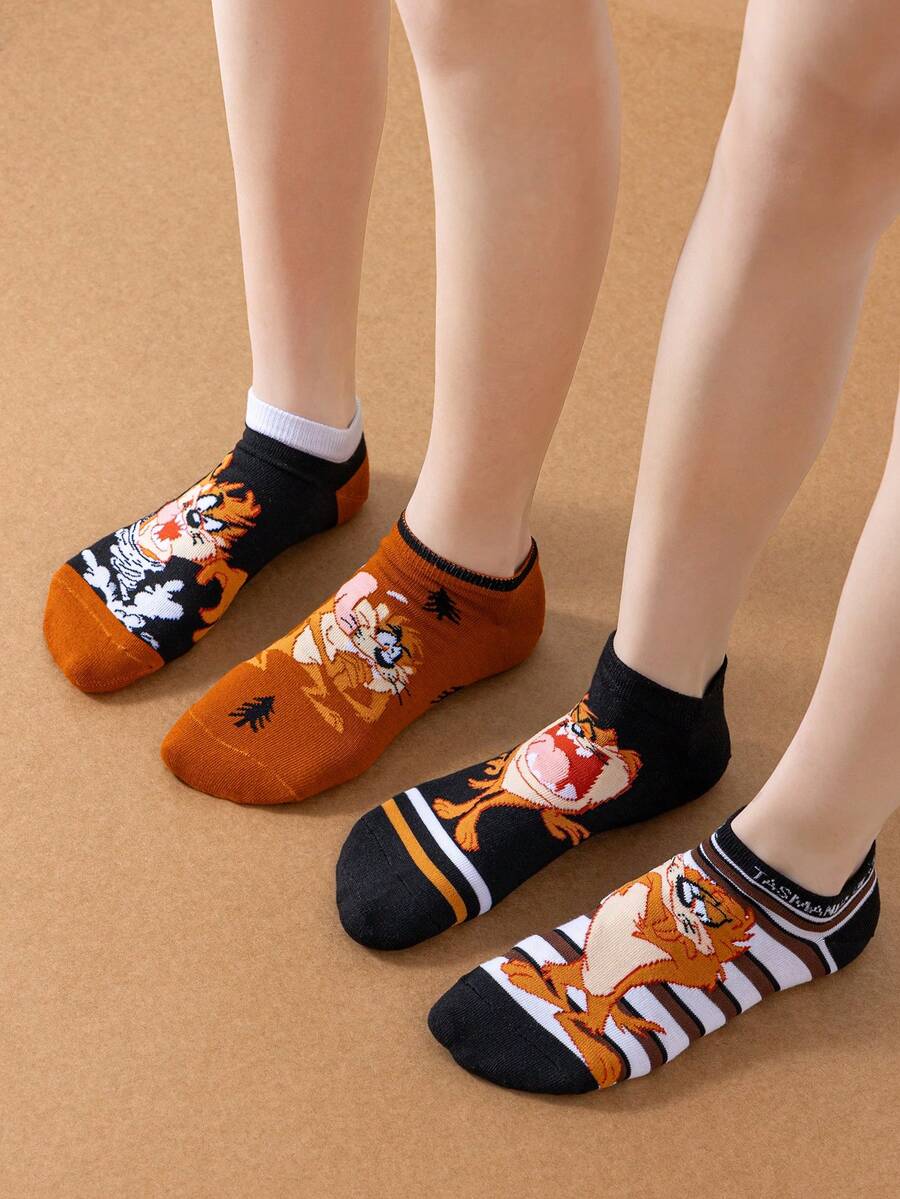 Noctvar OBM Sleepwear X LOONEY TUNES 5双装卡通怪兽嘴巴图案男士休闲船袜，可爱怪兽设计，时尚兔子图案，透气吸湿，适合学生/成人，可作礼物和日常穿着，男女通用 - 彩色 - 查看 1