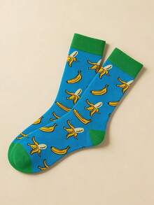 1双女士欧美时尚INS香蕉图案卡通可爱情侣中筒袜，适合日常通勤 - 彩色 - 查看 2