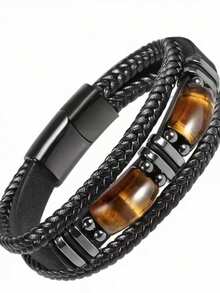 Men's Handmade Tiger Eye Stone Black PU Leather Chain Bracelet - Unique Accessory To Showcase Men's Fashionable Taste - Multicolor - View 1