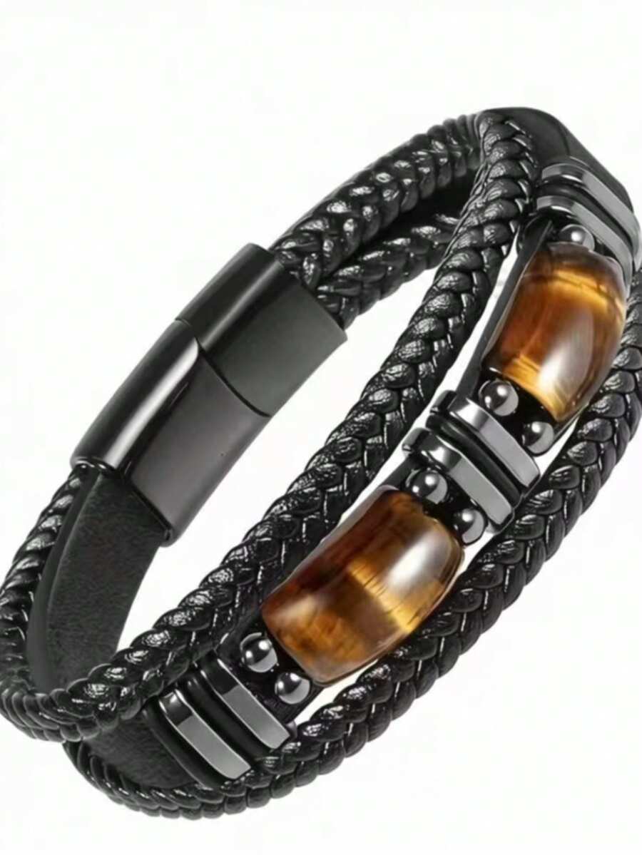 Men's Handmade Tiger Eye Stone Black PU Leather Chain Bracelet - Unique Accessory To Showcase Men's Fashionable Taste - Multicolor - View 1