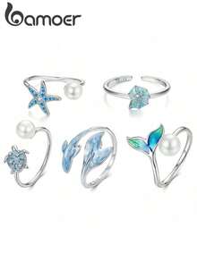 1 pieza Anillo ajustable abierto de plata de ley 925 con diseño de tortuga marina, serie oceánica, regalo de cumpleaños, accesorio de verano - Plateado - Ver 1