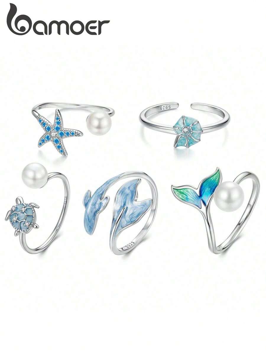 1 pieza Anillo ajustable abierto de plata de ley 925 con diseño de tortuga marina, serie oceánica, regalo de cumpleaños, accesorio de verano - Plateado - Ver 1