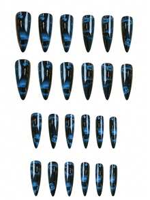 24pcs Blue Ombre Gothic Stiletto Fake Nails, Butterfly Design, Full Coverage Glossy Acrylic Material, Suitable For Women And Girls - Multicolor - View 3