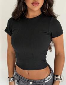 Baby Look Short Sleeve Fitted Basic Comfortable Everyday Casual Corset Effect Glamour - màu đen - Xem 3