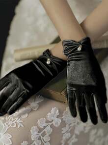 1 paire de gants courts en satin noir avec faux perles pour femmes, gants de thé rétro vintage des années 1950, accessoires pour le bal de l'opéra, le mariage et la scène, cadeau de la Saint-Valentin - Multicolore - Voir 5