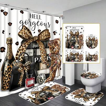 This Four-Piece Multi-Colored Shower Curtain Set Includes A Bath Mat, Toilet Seat Cover, A Fashion And Luxury Magazine, Books, Perfume, And Other Bathroom Decorations.