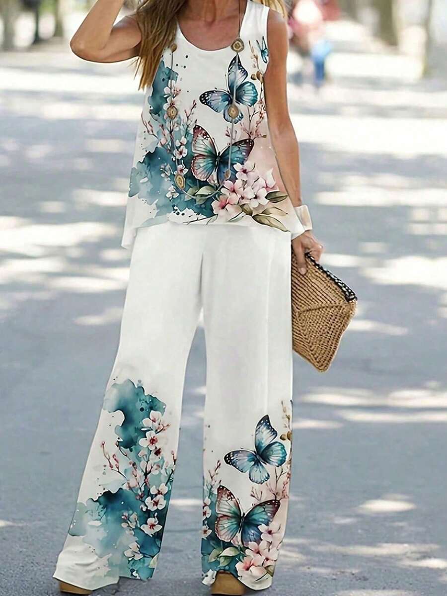 夏季两件套蝴蝶印花无袖上衣舒适长裤套装女装,印花套装,长裤套装,夏季两件套,夏季女装套装,度假,海滩,外出,优雅女装 - 綠色 - 查看 1