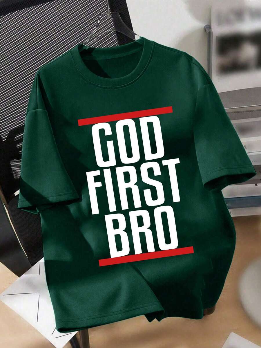 青少年男孩卡通标语印花圆领T恤 春夏Y2K男童休闲T恤 柔软上衣 - 墨綠色 - 查看 1