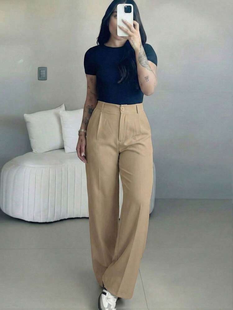 Pantalones anchos de cintura alta para mujer | Ropa de mujer para primavera | Pantalones de oficina casuales y elegantes | Ropa casual de primavera | Pantalones rectos sueltos de unicolor | Ropa de primavera para mujer | Ropa casual femenina | Pantalones suaves y cómodos | Ropa casual femenina | Ropa de trabajo minimalista | Traje casual | Preparación para el Año Nuevo | Esencial para primavera y otoño, sin cinturón incluido - Caqui - Añade 9