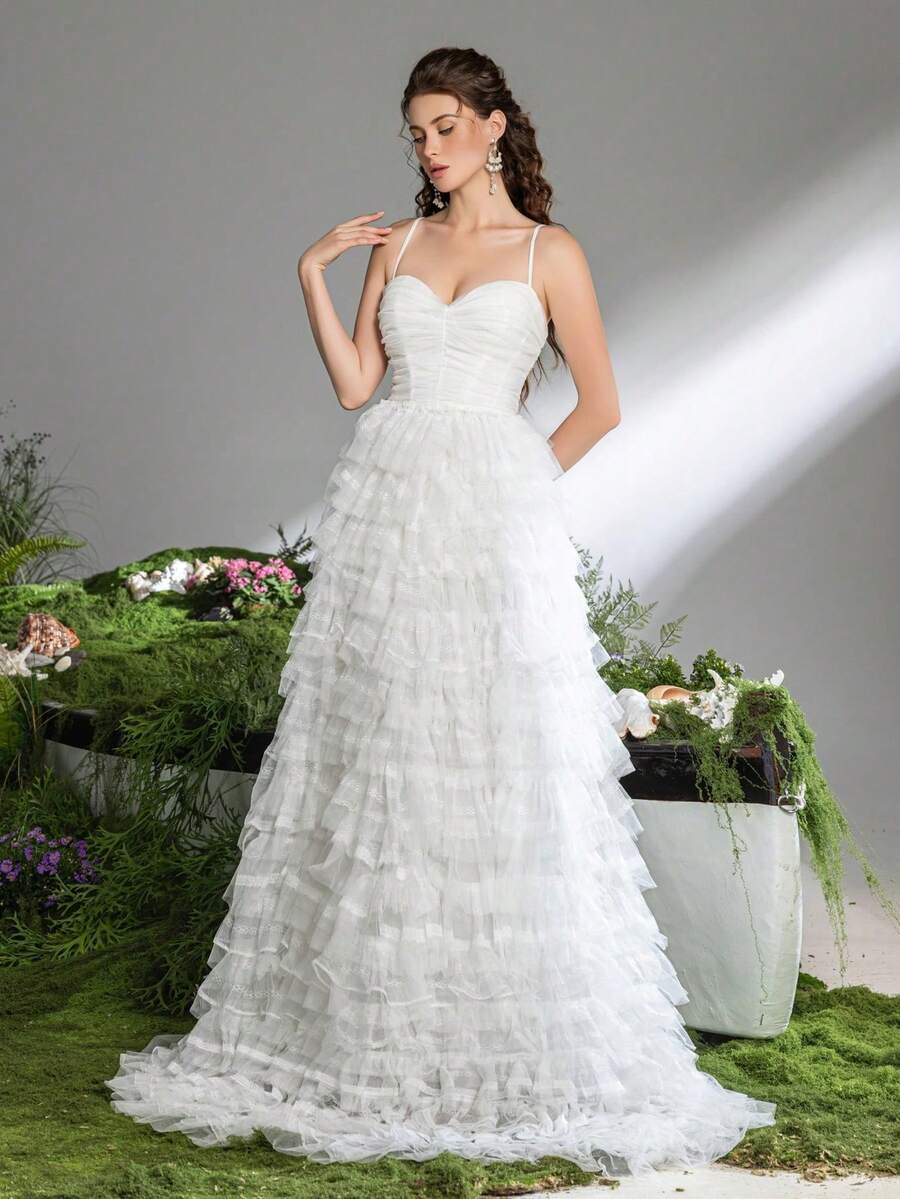 Faeriesty Elegant Romantic Ruched Bustier Sleeveless Sweetheart Neckline A-Line Mesh Overlay Slip Wedding Prom Party Dress&Maxi Dress White - White - View 1