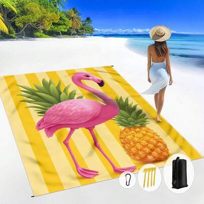 1pc 185*235CM Flamingo & Pineapple Pattern Waterproof & Sand-Proof Large Beach Blanket, Suitable For 2-3 People Outdoor Leisure Beach, Camping, Picnic, Lightweight & Durable