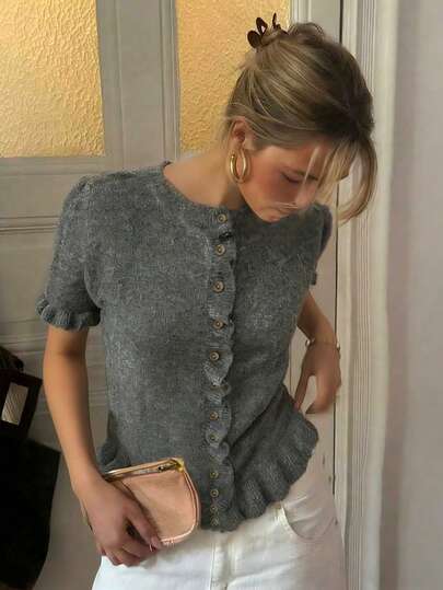 2026 New In Women's Elegant Crew Neck Ruffle Layered Pleated Knitted Sweater, Versatile Casual, Vacation Outfits Women,Solid Gray Color