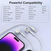 有线入耳式耳机，兼容 14 Pro Max/14 Pro/14 Plus/14/13/12/11/XR/Xs Max/8/7 Plus，Lightning 接口，带线控，音乐和通话音量控制 - 白色 - 查看 6