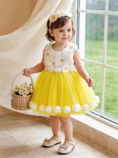 Baby Girl Floral 3D Tulle Party Dress, Elegant Princess Style Dress For Girls, Suitable For Birthday Party, Easter, Wedding Flower Girl, Prom, Holiday Celebration And Other Formal Occasions