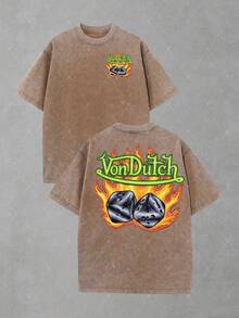 Van Dutch Eagle Skull Badge Graphic Men's Vintage Washed Oversized Crew Neck Short Sleeve T-Shirt - Lightweight Comfort Cotton For Daily Casual & Punk Outfits,  Gift For Gothic Fans, Camisas Para Hombre, Oversized Mens Shirt - 咖啡棕 - 查看 1