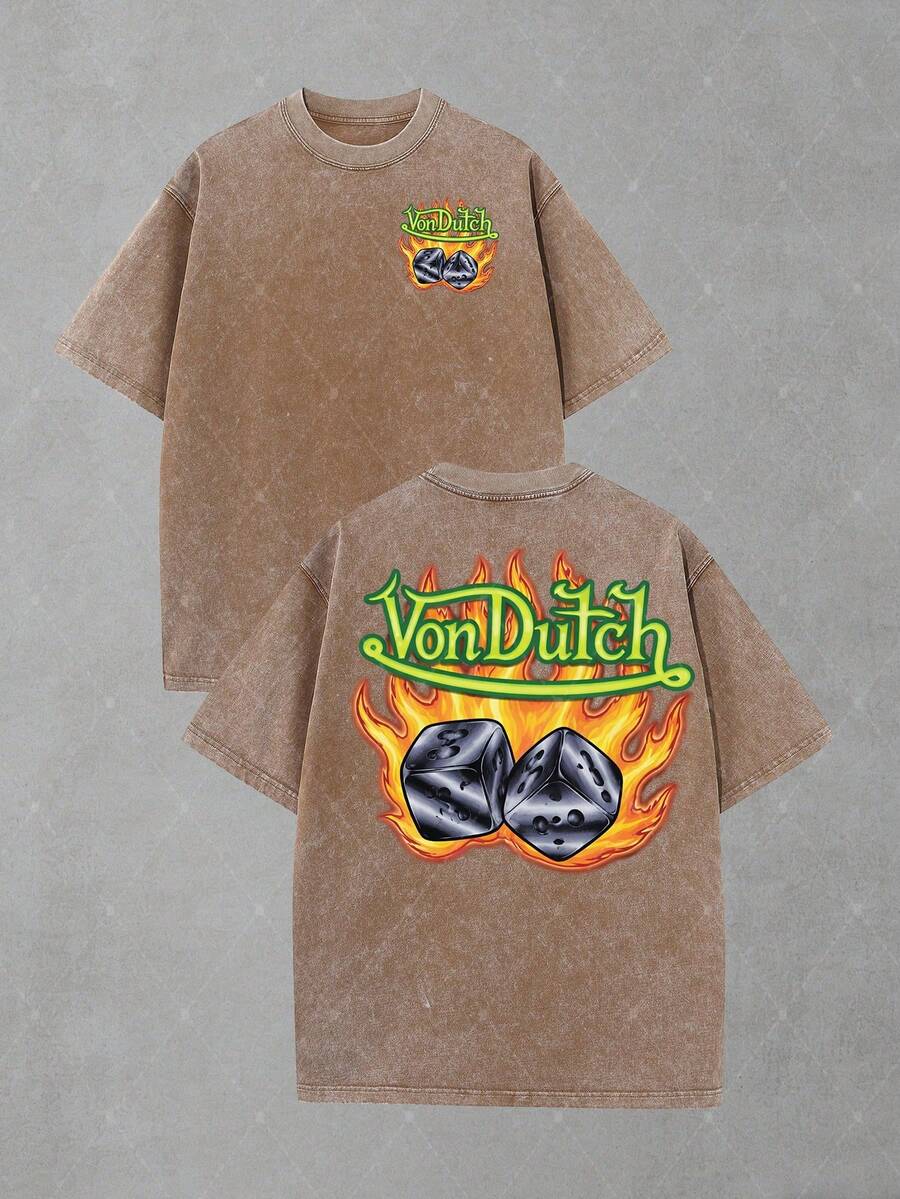 Van Dutch Eagle Skull Badge Graphic Men's Vintage Washed Oversized Crew Neck Short Sleeve T-Shirt - Lightweight Comfort Cotton For Daily Casual & Punk Outfits,  Gift For Gothic Fans, Camisas Para Hombre, Oversized Mens Shirt - 咖啡棕 - 查看 1