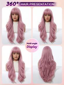 24 Inch Machine Made Light Pink Wavy Wig With Bangs, Voluminous Body Wave Adjustable Strap For Festival Ready - Pink - View 10