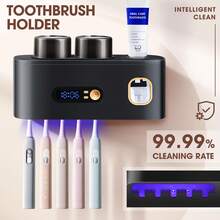 Smart Toothbrush Sterilizer (1 Unit) - USB Charging + Clock - 5-Slot Storage Brush Holder - Includes 2 Cups + Automatic Toothpaste Dispenser - Modern Bathroom Plastic Storage Rack For Dental Hygiene Essentials - Xám - Xem 2