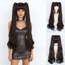 32inch Long Pigtail Body Wave Wig, Dark Brown With Bangs, Sweet & Cool Lolita Anime Cosplay Wig For Girls - Black - View 1