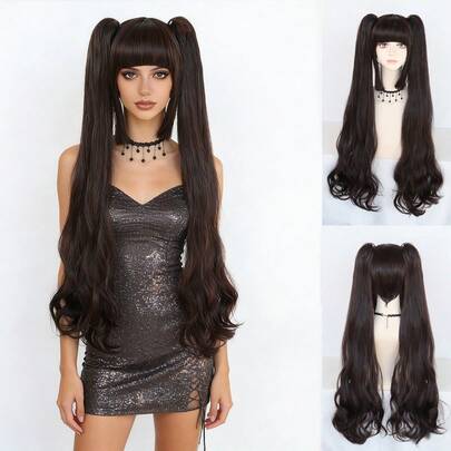 32inch Long Pigtail Body Wave Wig, Dark Brown With Bangs, Sweet & Cool Lolita Anime Cosplay Wig For Girls
