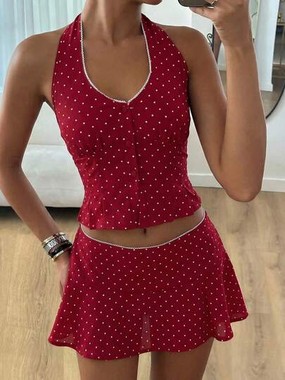 Y2K Style Polka Dot Print Front Button Knit Vest + Mini Skirt 2-Piece Set, Suitable For Street Style, Daily Commute, Outdoor Activities And Dating Vacation Summer