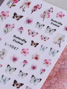 2片粉色兰花蝴蝶美甲贴纸，优雅粉色花卉美甲贴花，自粘式DIY美甲装饰，适合女性美甲沙龙和家庭使用 - 彩色 - 查看 8