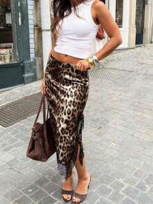 Women's Spring/Summer Sexy Leopard Print Satin Skirt, Asymmetric Lace Trim, Bohemian Style Suitable For Brunch, Casual Party, Daily Wear, Street Date - Khaki - View 4