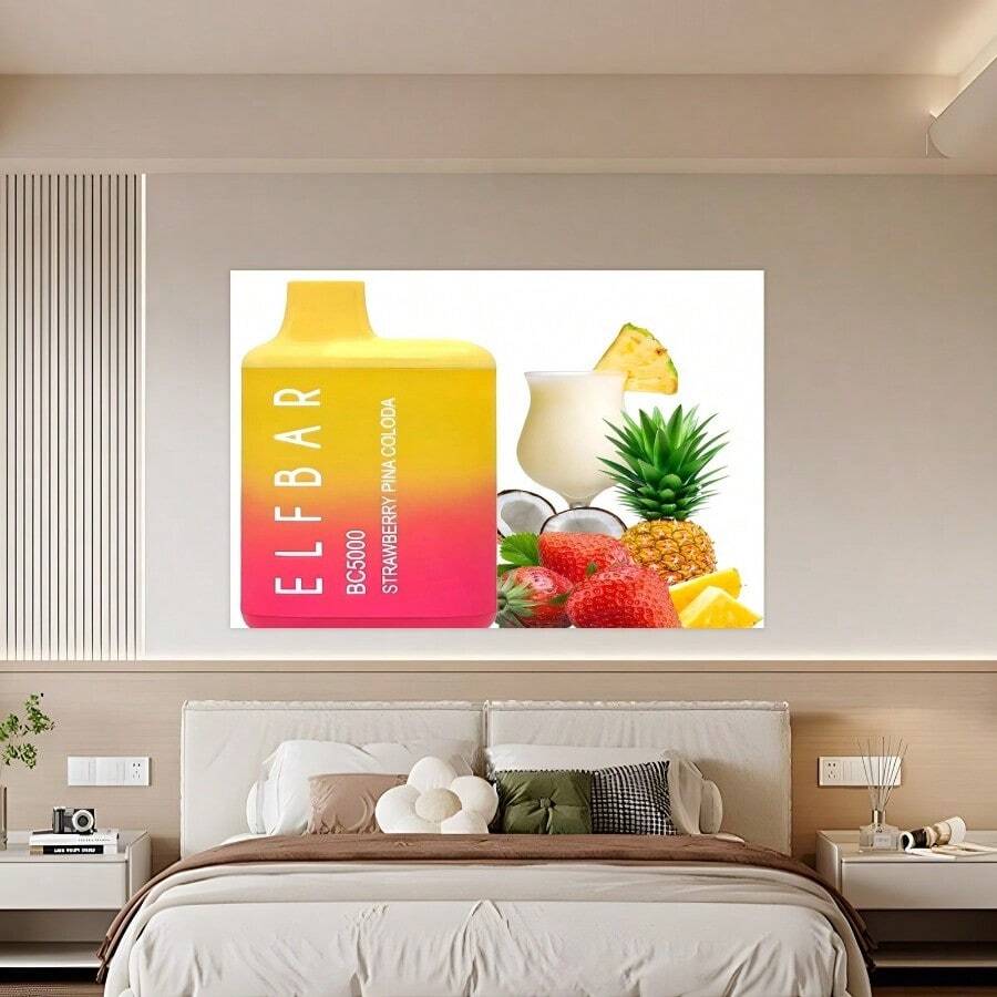 2D Flat - Elf Bar BC5000 Disposable Vape | Strawberry Pin Colada Flavor, Yellow-Pink Gradient, Official Licensed 2D Wall Hanging, Fabric, 90g/M², Polyester, Ideal For Valentine'S Day & Holiday Gift, Home Decoration Tapestry - 1PC - Xem 1