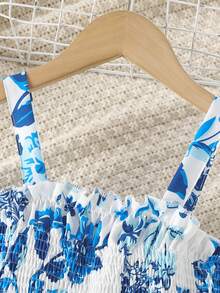 Girls' Bohemian Floral Print Ruffle Jumpsuit, Suitable For Outings, Parties, Holidays, Children's Summer Wear - Royal Blue - View 3
