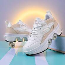 Teens/Youth Roller Skates, 4-Wheel Automatic Retractable , PU Splicing Unisex Inline Skates - Apricot - View 3