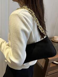 Gold Color Large Chain Strap Solid Soft Baguette Bag - Black - View 4