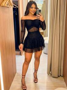 Short, Flared, Tulle Dress With Long Sleeves - 黑色 - 查看 4