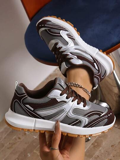 Spring/Autumn New Breathable Mesh Patchwork Platform Sneakers, Thick Sole Casual Running Shoes For Women, Coffee Color