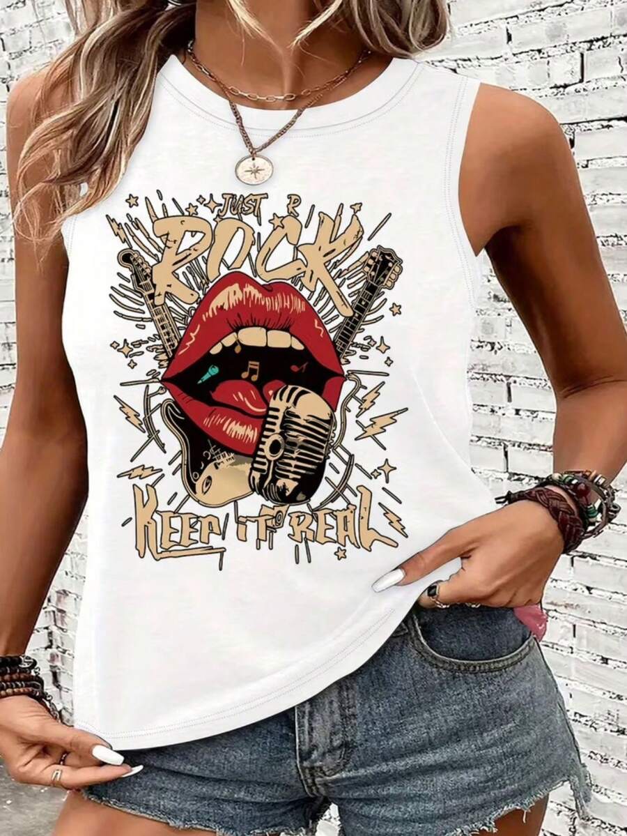 Women's Tank Top, Printed Rock Style, 100% Cotton, Casual, Modern And Comfortable, Spring/Summer Style - 白色 - 查看 1