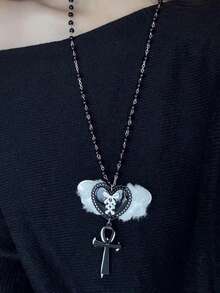 1pc Fashionable Y2K Cute Style Wing, Heart, Cross Multi-Element Beaded Necklace, Metal Black Pendant Necklace, Suitable For Women's Daily, Party, Music Festival Wear, Daily Gift, Holiday Gift - Black - View 2