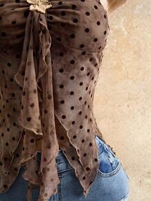 女士波点印花扎染网纱金属花朵装饰荷叶边领吊带背心，棕色上衣，夏季沙滩上衣，不规则荷叶边上衣，Y2K风格上衣，音乐节服装 - 彩色 - 查看 7