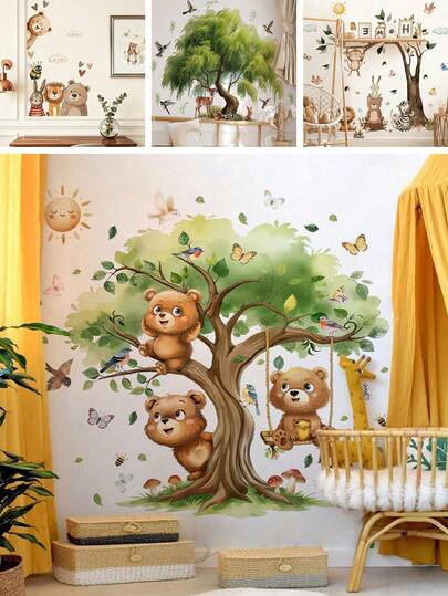 BRUP 1/3 Sheets Cute Bear Tree Wall Sticker For Kids Room, Cartoon Forest Animal Decal, Nursery Bedroom Decoration, Removable PVC Wallpaper