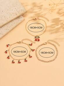 3pcs/Set Summer Sweet Cherry Pendant Bracelet, Cute Cherry Tassel Hand Jewelry Set, Fashionable Chain Bracelet Suitable For Daily Wear, Beach, Party, Date, Handmade Adjustable Length And Cherry Quantity - Multicolor - View 4
