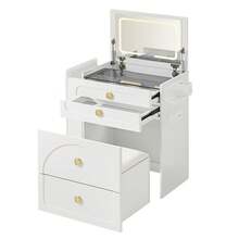 CLIPOP 3-In-1 Dressing Table With Folding Mirror, Cosmetic Table With Visible Glass Top, 3 Drawers, Side Storage, Storage Stool, Small Vanity Table For Bedroom - White - View 12