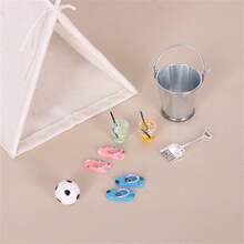 8pcs Dollhouse Mini Beach Camping Tent Set, Including Soccer Ball, Juice, Flip-Flops, And Metal Bucket Props - Camping Kit - View 4