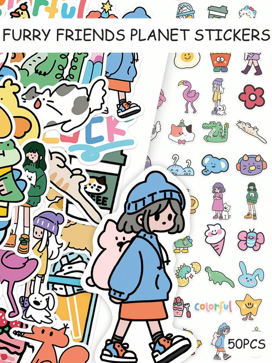 50pcs Adorable Furry Friends Planet Stickers New Cartoon-Style Cute Doodle Decorations For Phone Cases, Water Bottles, Notebooks, Luggage Waterproof Decals - Multicolor - View 1