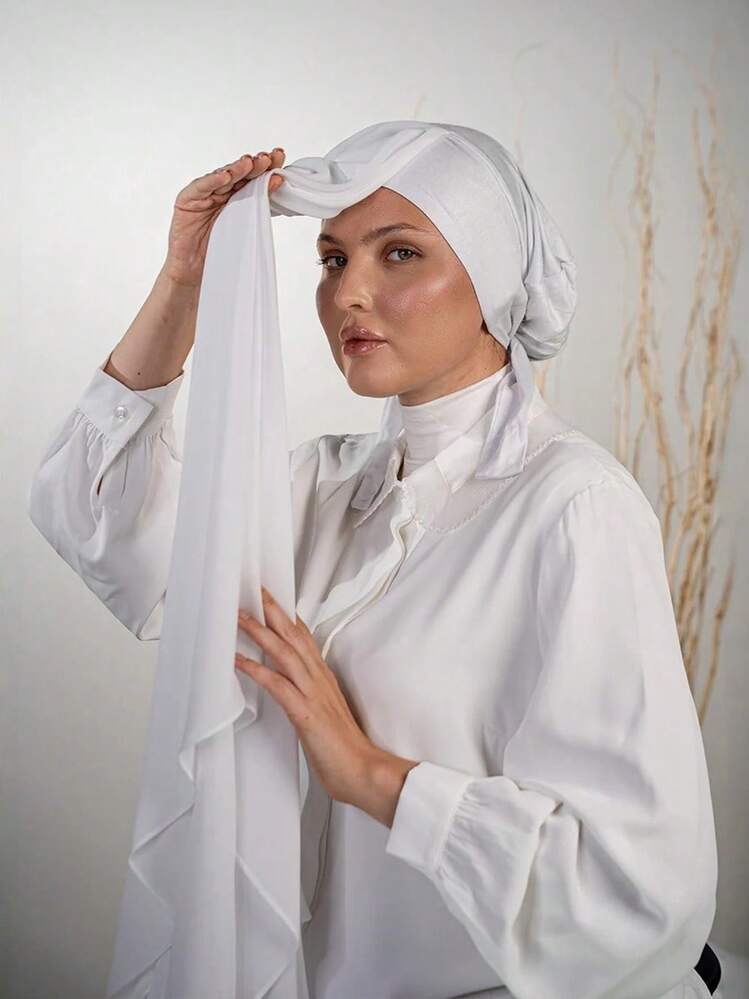 1pc 3-In-1 Quick-Wear Chiffon Hijab With Built-In Magnet And Inner Cap/One-Piece Quick-Wear Hijab--No Pins Needed, Non-Slip Fit, Instant Wear - White - View 1