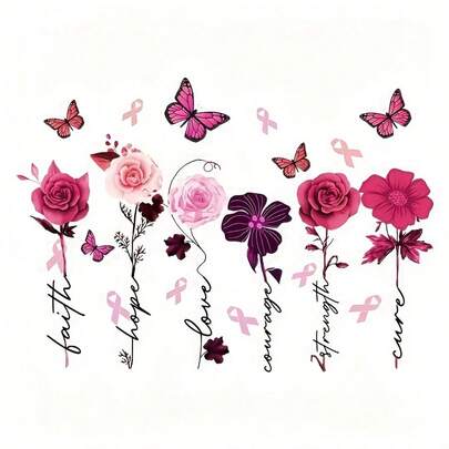 1pc Pink Bouquet And Butterfly Heat Transfer Illustration Design - Large Heat Transfer DTF Stickers, Washable Heat Press Decals, Suitable For T-Shirts, Pillows, Sweatshirts, Backpacks - Durable PVC Material